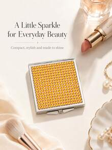 1pc Square Rhinestone Double-Sided Folding Makeup Mirror, 60mm Mini Portable Travel Mirror, 1X High Definition Mirror With Silver Metal Frame, Compact Touch-Up Mirror, Comes With Organza Bag, White Packaging Box And Thank You Card, Exquisite Gift Suitable For Daily Carry - Multicolor - View 1