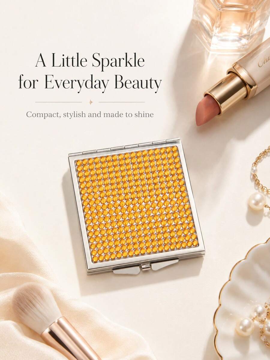 1pc Square Rhinestone Double-Sided Folding Makeup Mirror, 60mm Mini Portable Travel Mirror, 1X High Definition Mirror With Silver Metal Frame, Compact Touch-Up Mirror, Comes With Organza Bag, White Packaging Box And Thank You Card, Exquisite Gift Suitable For Daily Carry - Multicolor - View 1