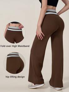 TimeOff 1pc Women's Fixed Waist Striped Wide Leg Sports Pants - Brown - View 1