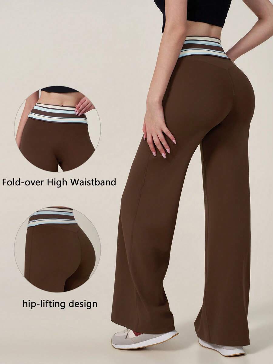 TimeOff 1pc Women's Fixed Waist Striped Wide Leg Sports Pants - Brown - View 1