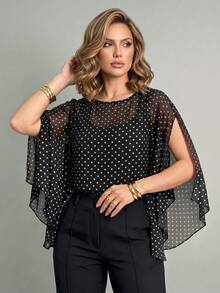 ANCHOSE Women's Summer Black Polka Dot Sheer Chiffon Cover Up Cover-Up, No Inner Layer, Drapey Lightweight Fabric, Suitable For Commuting, Daily Wear, Date, Office - Black - View 1