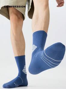 CLIMPRESSION Men's Blue Cotton Mid-Calf Socks, Mesh Sports Running Socks, White Striped Print, Arch Support Athletic Socks - Navy Blue - View 4