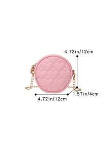 1pc Zipper Closure PU Leather Embroidered Heart Children's Shoulder Bag, Solid Color Embroidered Chain Small Round Bag For Girls - A - View 2