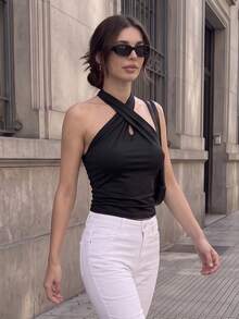 1 pieza Blusa elegante de mujer de unicolor con cuello halter, escote en V cruzado, frente retorcido, sin mangas y ajuste ceñido, adecuada para uso diario y citas - Negro - Ver 3