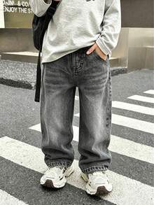 Tween Boy Simple Straight Leg Denim Jeans With Pockets For Daily Wear - Black - View 1