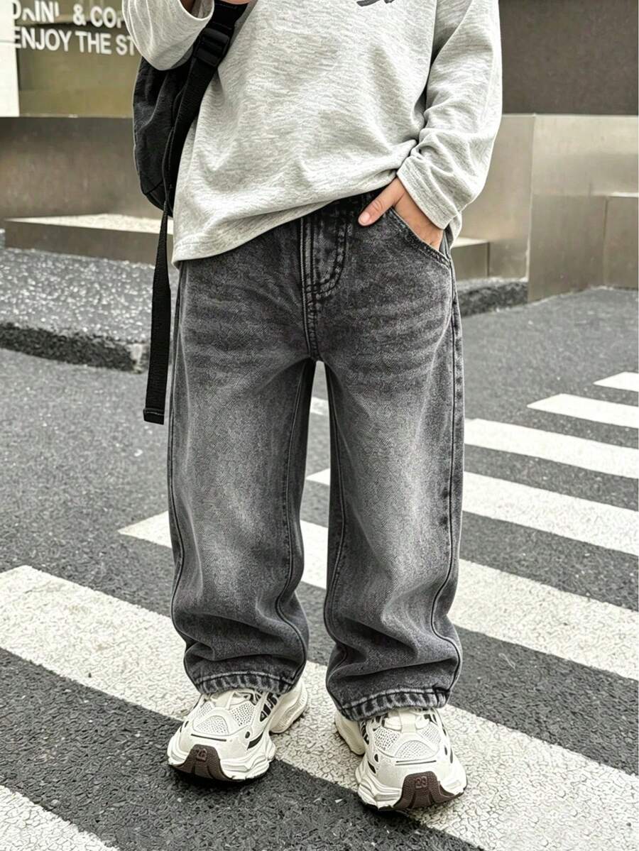 Tween Boy Simple Straight Leg Denim Jeans With Pockets For Daily Wear - Black - View 1