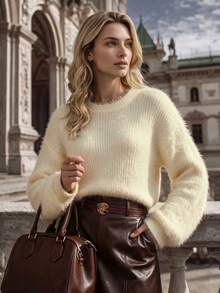 Cream White Plush Vintage Knit Sweater, French Lazy Gentle Style For Autumn/Winter, Social, Outing, Autumn Outfit, Halloween - Apricot - View 1