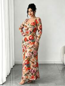 Plus Size Women's Elegant Square Neck Fitted Maxi Dress, Spring/Autumn Bohemian Vintage Floral, Suitable For Party, Date, Garden Gathering And Daily Wear - Multicolor - View 5