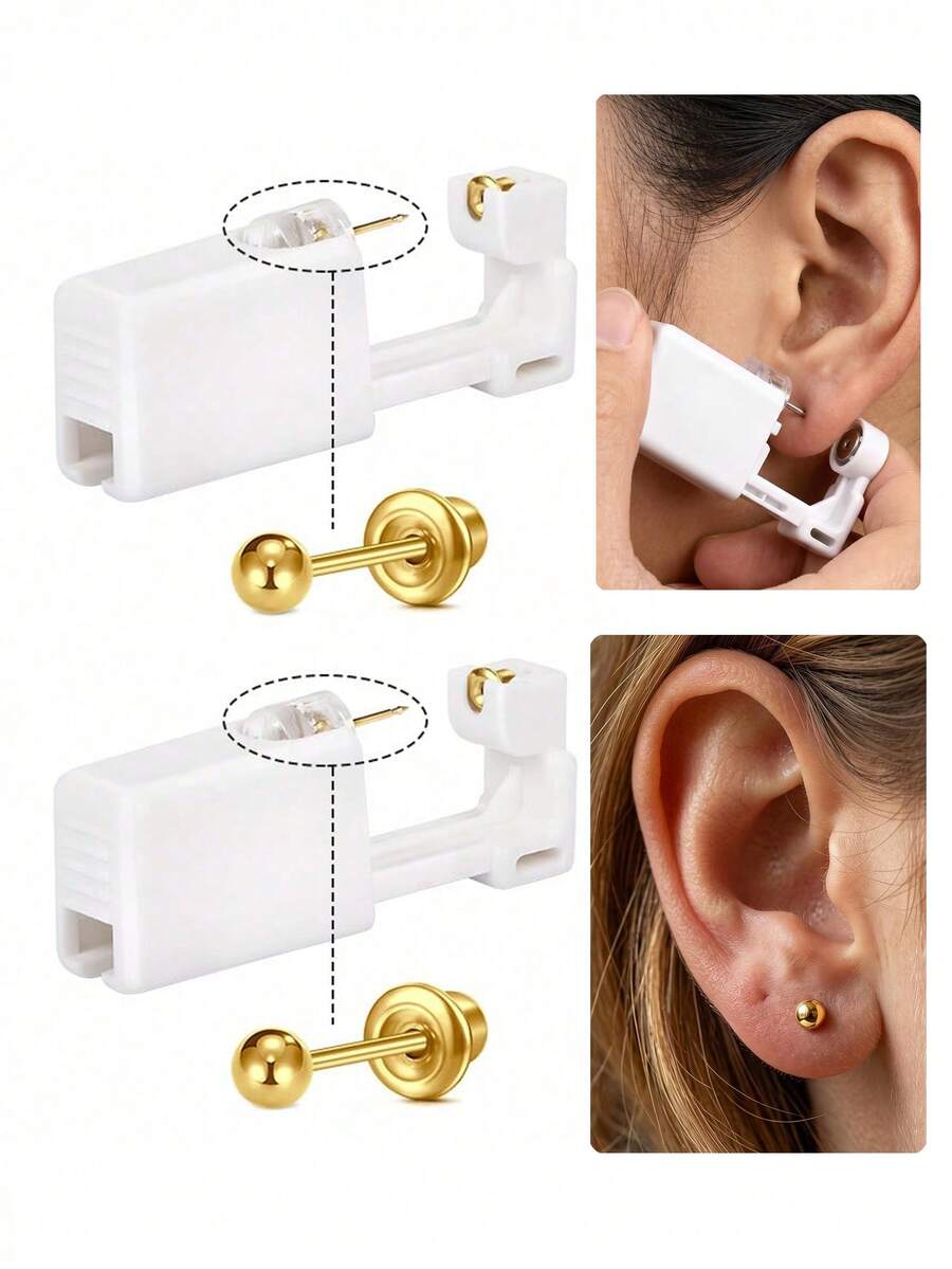 2Pcs Hypoallergenic Ear Piercing Kit Silver Gold Ear Piercing Gun Kit Disposable Self Piercing Earrings At Home Earring Gun Piercing Kits With Earring Studs Small Ball 3mm - View 1