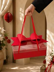 1pc Transparent Gift Box With Colorful Base, Bow And Handle, 7 Colors Available, Suitable For Christmas, Saudi National Day Party Favors, Wedding, Engagement, Birthday, Bridal Shower And Celebration Display, Gift Not Included - Multi-color - View 5
