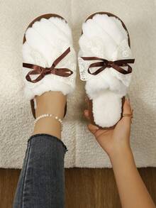 Sweet Lace Bow Plush Slippers For Women, Soft Sole, Warm, Non-Slip, Bedroom Home Slippers, Girly Style, Winter - Brown - View 5