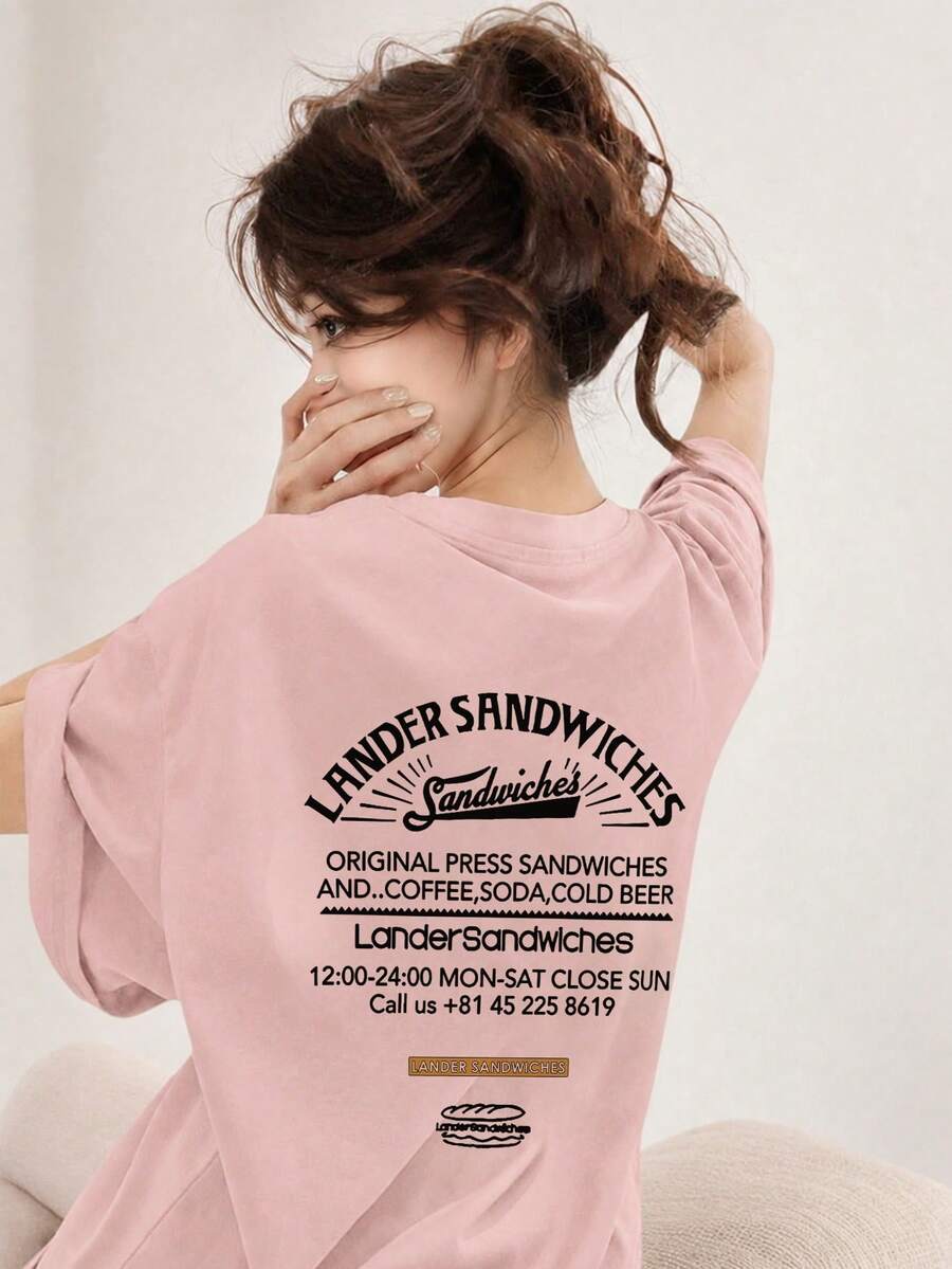 女款休閒圓領字母與卡通食物印花寬鬆短袖T恤，春夏百搭，粉色 - 粉色 - 查看 1