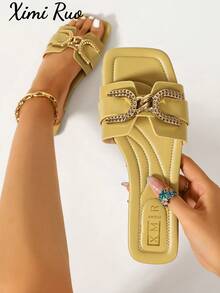 Ximi Ruo 女款春夏新款時尚休閒單帶平底涼拖鞋，舒適低跟圓頭極簡戶外沙灘鞋，百搭裝飾平底拖鞋 - 乳黃色 - 查看 7