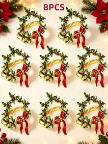 12pcs/8pcs/4pcs Christmas Wreath Napkin Ring Set, Red Bow Decor, Rhinestone Design, Holiday Party Table Decor, Banquet Table Napkin Holder, Christmas Decoration, New Year Decoration - Multicolor - View 14