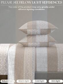 4pcs Beige Bohemian Striped Bedding Set, Easy Care Soft Bedding Set (1 Flat Sheet + 1 Fitted Sheet + 2 Pillowcases), Suitable For King/Queen/Full/TWIN Sizes, Fitted Sheet Fits Up To 11.8 Inch Mattress, Soft Breathable Wrinkle-Resistant, Back To School Dorm Bedding - Multicolor - View 6