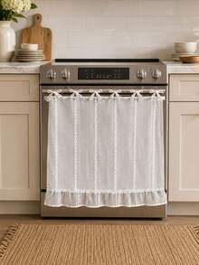 Farmhouse Linen Oven Curtain, Tie Design Stove Decor Cover With White Vertical Chain Pattern & Ruffle Trim, Reusable Kitchen Oven Skirt, Multiple Colors Optional - Multiple Styles - View 7