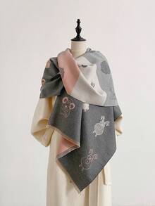 1pc Faux Cashmere Cute Cartoon Lamb Pattern Jacquard Warm Scarf For Women, Air Conditioning Room Blanket, Autumn/Winter Outdoor Travel Cold Protection Neck Warmer, Soft Decorative Scarf Shawl Dual-Use, Suitable For Daily Matching, First Choice For Gift Giving - Grey - View 5