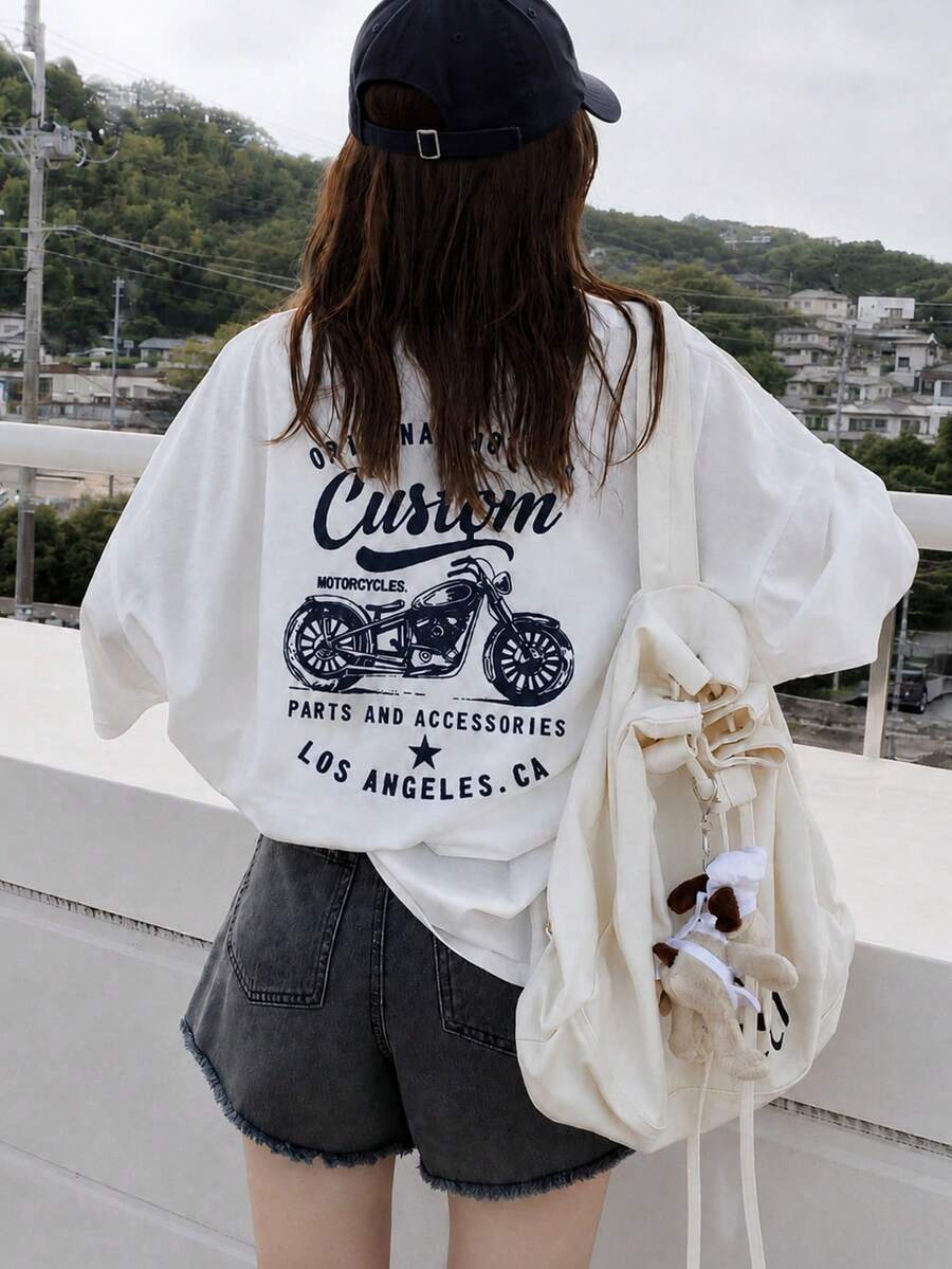 Women's Casual Loose Fit Round Neck Letter & Motorcycle Print Short Sleeve T-Shirt, Versatile For Spring/Summer White - White - View 1