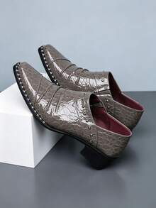 1 Pair Men's Pointed Toe Low-Top Rivet Crocodile Pattern PU Upper Rubber Sole Slip-On Comfortable Business Casual Shoes For Office And Daily Wear - Grey - View 3