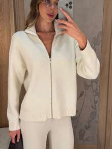 Elegant Minimalist Women's Beige Ribbed Knit Zip-Up Wool Sweater & Wool Wide-Leg Pants Set, Comfortable Autumn Outfit - Cream - View 4