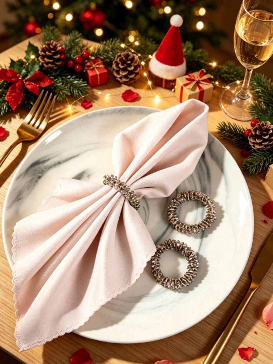 6pcs/1pc Rhinestone Beaded Napkin Rings, Sparkly Crystal Napkin Holder Rings, Elegant Table Decor Accessory For Wedding Banquet, Dinner Party, Holiday, Restaurant Home Table Setting Decoration - Grey - View 1