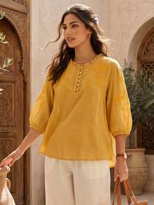 Blusa elegante vintage casual bohemia bordada para mujer, primavera verano otoño, para ir al trabajo, vacaciones, salidas diarias, de viscosa, ligera, holgada, artística, manga media, top casual para mujer, estilo campestre, tops - Amarillo - Ver 2