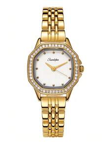 1pc Ladies' Octagonal Retro Quartz Watch, Gold Alloy Case With Rhinestone Bezel, Elegant Gold Alloy Strap, Suitable For Daily Wear And Gift Giving - White - View 7