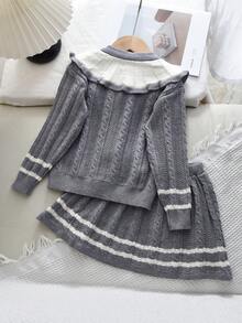 bearleader Girls 2pcs Winter Knit Set, Floral Large Collar Button-Up Sweater With Grey Skirt - Grey - View 2