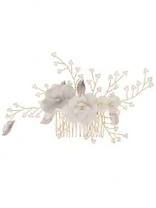 1pc Elegant White Flower Bridal Hair Comb Pearl Beaded Wedding Headpiece Hair Accessories For Bride - Multicolor - View 10