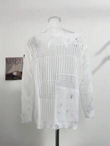 Atasan Sweater Seksi Model Longgar dan Ramping untuk Musim Gugur, Model Baru Jala Berongga Jala dengan Detail Usang - Putih - View 8
