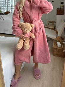 1pc Women's Solid Color Minimalist Elegant Plush Robe, Warm & Comfortable, Suitable For Home Wear And Bathing In Autumn/Winter - Dusty Pink - View 7