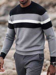 Men's Crew Neck Contrast Color Horizontal Ribbed Textured Ribbed Knit Sweater Pullover Long Sleeve Casual Inner Layer Top For Autumn/Winter - Grey - View 5
