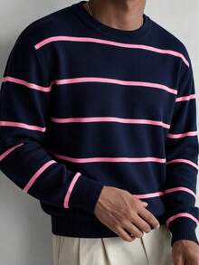 Men's Mercerized Striped Loose Drop Shoulder Crew Neck Long Sleeve Sweater - Navy Blue - View 6