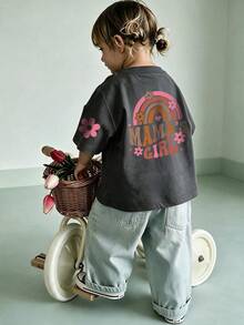 Baby Girl Minimalist "Mommy's Girl" Letter Print Round Neck Short Sleeve Cute Top - Dark Grey - View 2