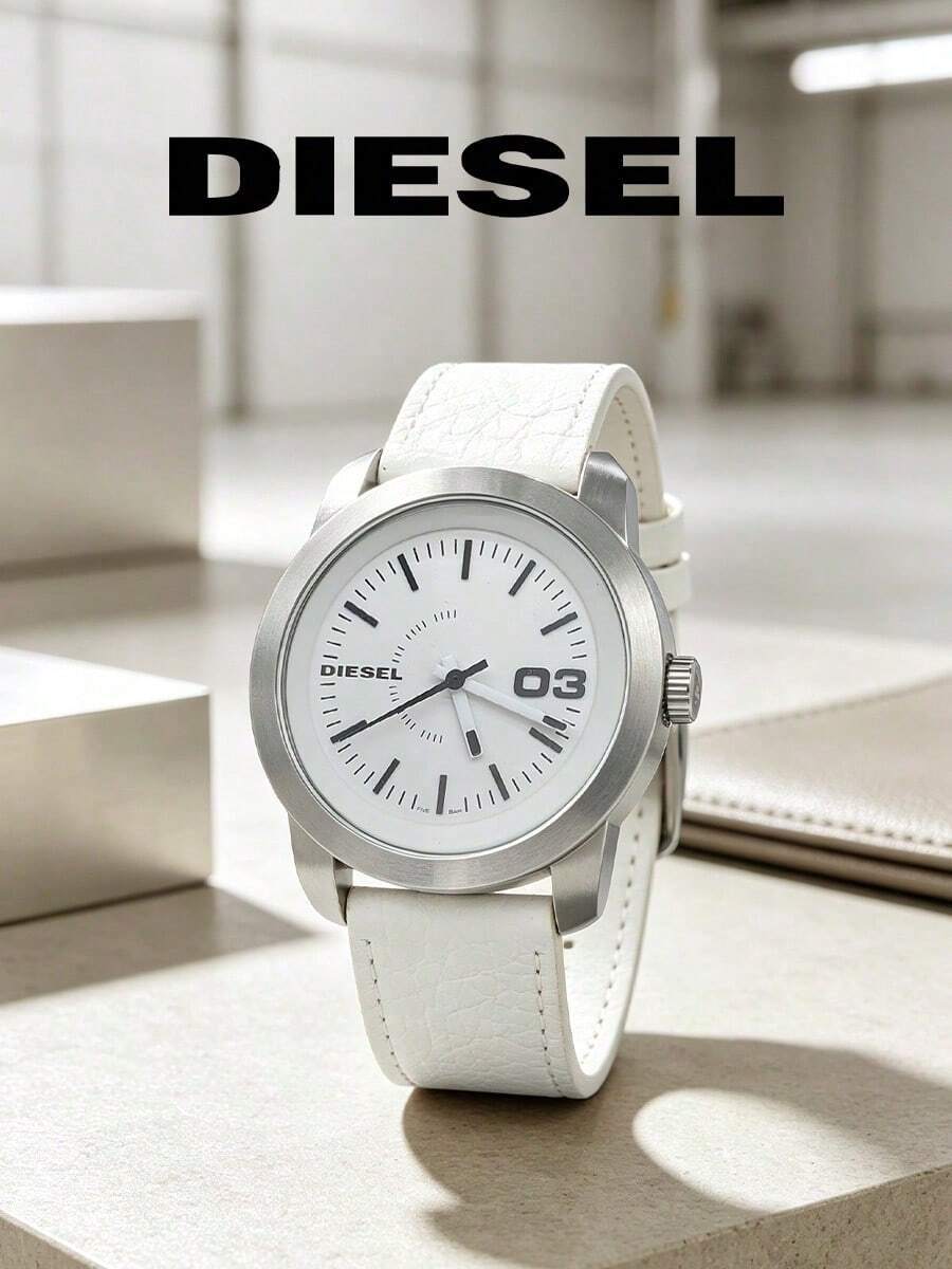 DIESEL DZ5272 Men Minimal Quartz Watch Clean White‑Tone Dial Silver Metal Shell Stitched Decor Strap 3BAR Casual Gift Watch For Men - Green - View 1