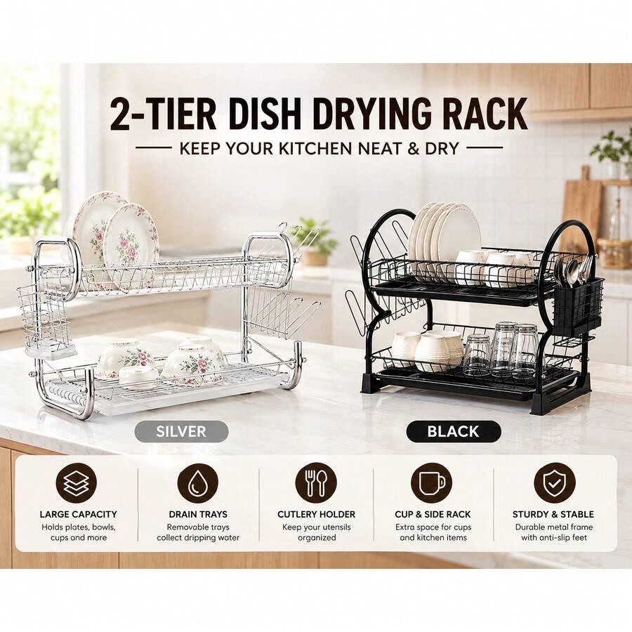 2-Tier Dish Drying Rack With Drain Tray, Cutlery Holder & Cup Rack, Large Capacity Metal Kitchen Organizer – Black / Silver - Black - View 1