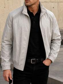 1pc Men's Jacket, Grey Mesh Splice Stand Collar Zipper Jacket, Woven Fabric Loose Silhouette Comfortable Non-Pilling, Casual Sporty Style, Suitable For Commuting, Summer Outdoor Activities - Grey - View 1