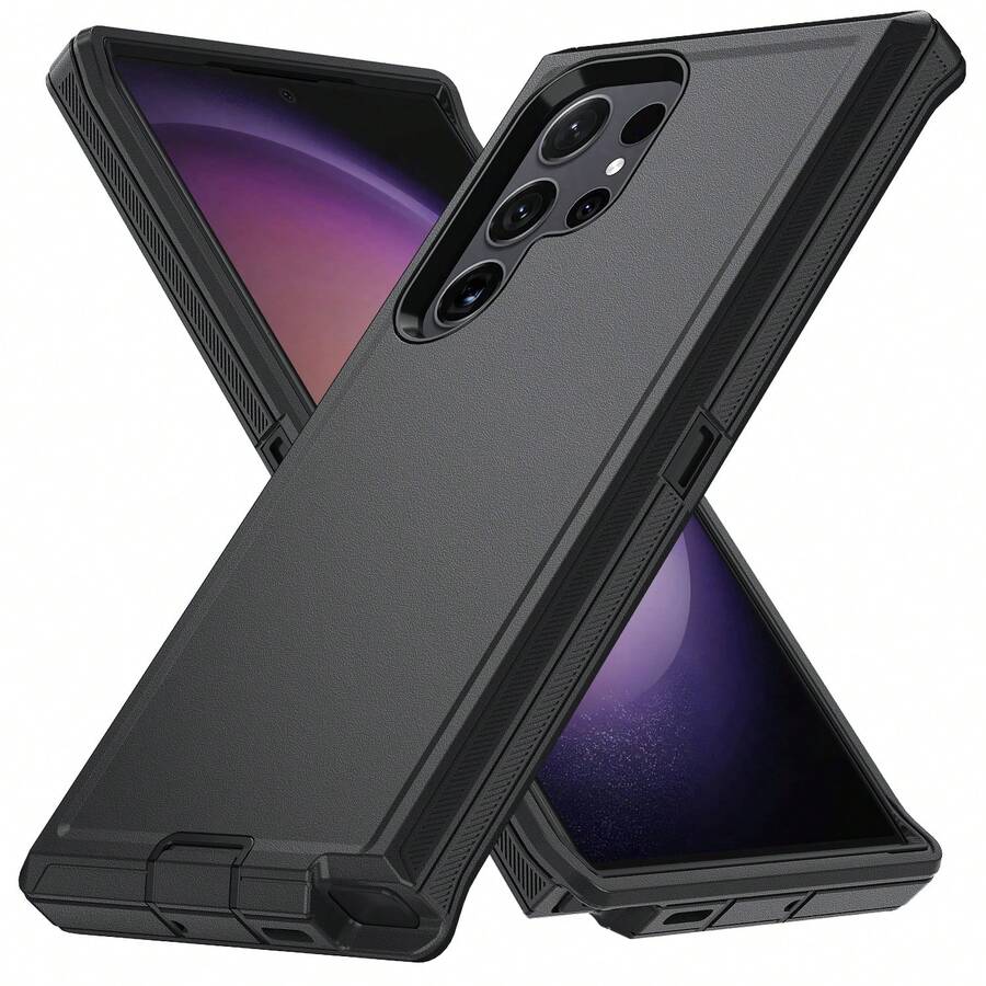 Heavy Duty Shock Resistant Phone Case For Galaxy/Apple, Matte Black Full Body Sturdy Protective Cover With Camera Protection - Black - View 1