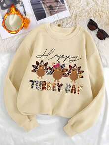Es Trus Plus Autumn/Winter Women's "Thanksgiving Turkey Day" Pattern Printed Street Korean Retro Y2k Clothing Apricot Large Round Neck Sweatshirt - Apricot - View 2