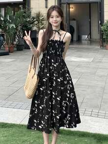 YCYC 性感黑色度假風碎花細肩帶洋裝 - 黑色 - 查看 3