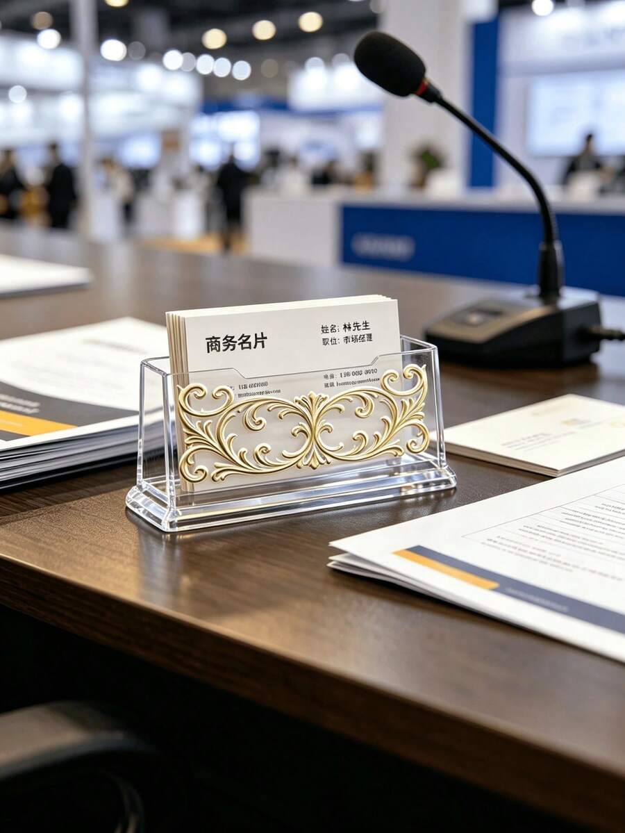 1pc Acrylic Business Card Holder For Desk, Luxury Golden Embossed Pattern Desktop Card Display Stand, Office Reception Desk Card Organizer,Exclusive Design Makes Your Business Card Holder Unique.