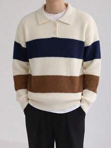 1pc Boys Teenager Striped Colorblock Half-Zip Sweater, Suitable For Commuting And School, Autumn/Winter - Apricot - View 2