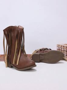 Sepatu Bot Koboi Barat Modis dan Lucu dengan Rumbai untuk Anak Perempuan, Resleting Samping Setengah Betis, Musim Gugur Musim Dingin - Coklat - View 6