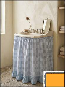 1/2pcs Light Blue And White Plaid Washbasin Skirt, Fresh Pastoral Style Fabric Material, Rectangular Top Pleated And Bottom Light Blue Ruffle Hem Splicing Detail, Conceal Washbasin Pipes And Decorative Beautification Function, Suitable For Bathroom Daily Arrangement And Fresh Home Decor Scenes - Blue - View 13