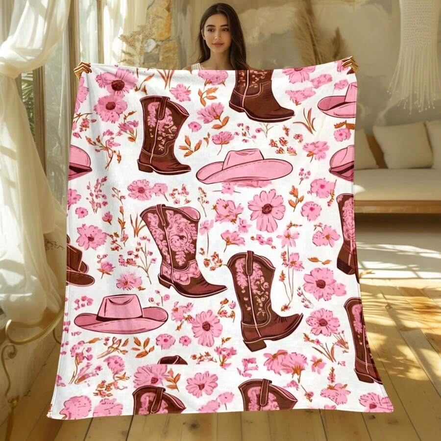 1pc A Pink Cowboy‑Themed Blanket Featuring Floral Designs, Lightweight ...