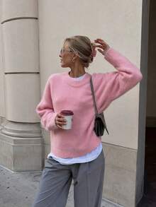 Sweater Rajut Lembut dan Halus Leher Bulat Warna Pink untuk Wanita, Gaya Santai yang Lembut, Atasan Pullover Santai Musim Gugur/Dingin - Berwarna merah muda - View 1