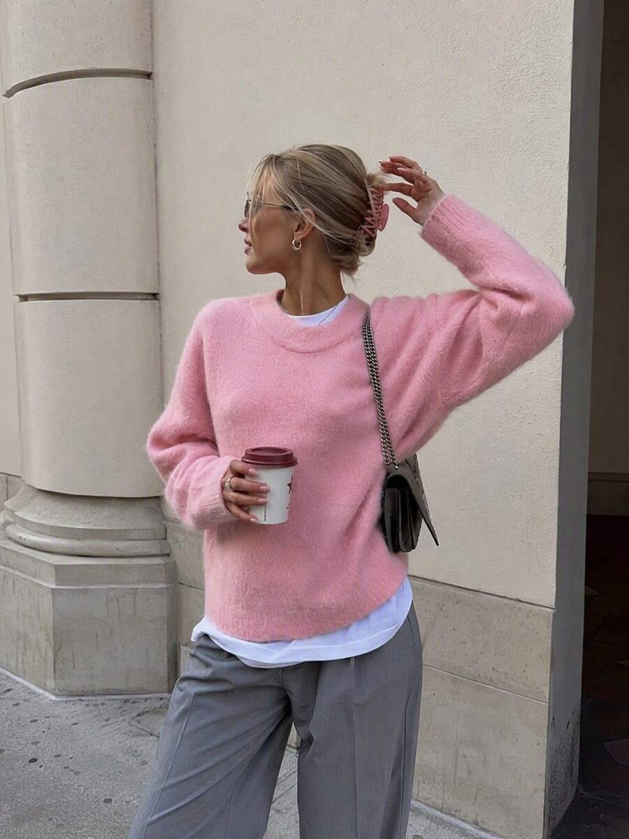 Sweater Rajut Lembut dan Halus Leher Bulat Warna Pink untuk Wanita, Gaya Santai yang Lembut, Atasan Pullover Santai Musim Gugur/Dingin - Berwarna merah muda - View 1