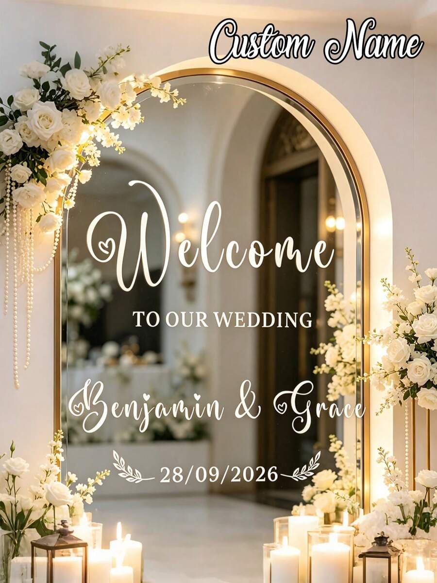 1pc Customized Wedding Mirror Sticker, Wedding Entrance Welcome Sign, Customized Vinyl Mirror Sticker, Personalized Birthday Mirror Sticker, Personalized Birthday Party Welcome Sign, Birthday Party Welcome Sticker, Floor Mirror Sticker, DIY Wedding Decoration, Birthday Party Wedding Decoration Sticker, Customized Mirror Lettering Sticker, Customized Wedding And Birthday Sticker, Wedding - Multicolor - View 1