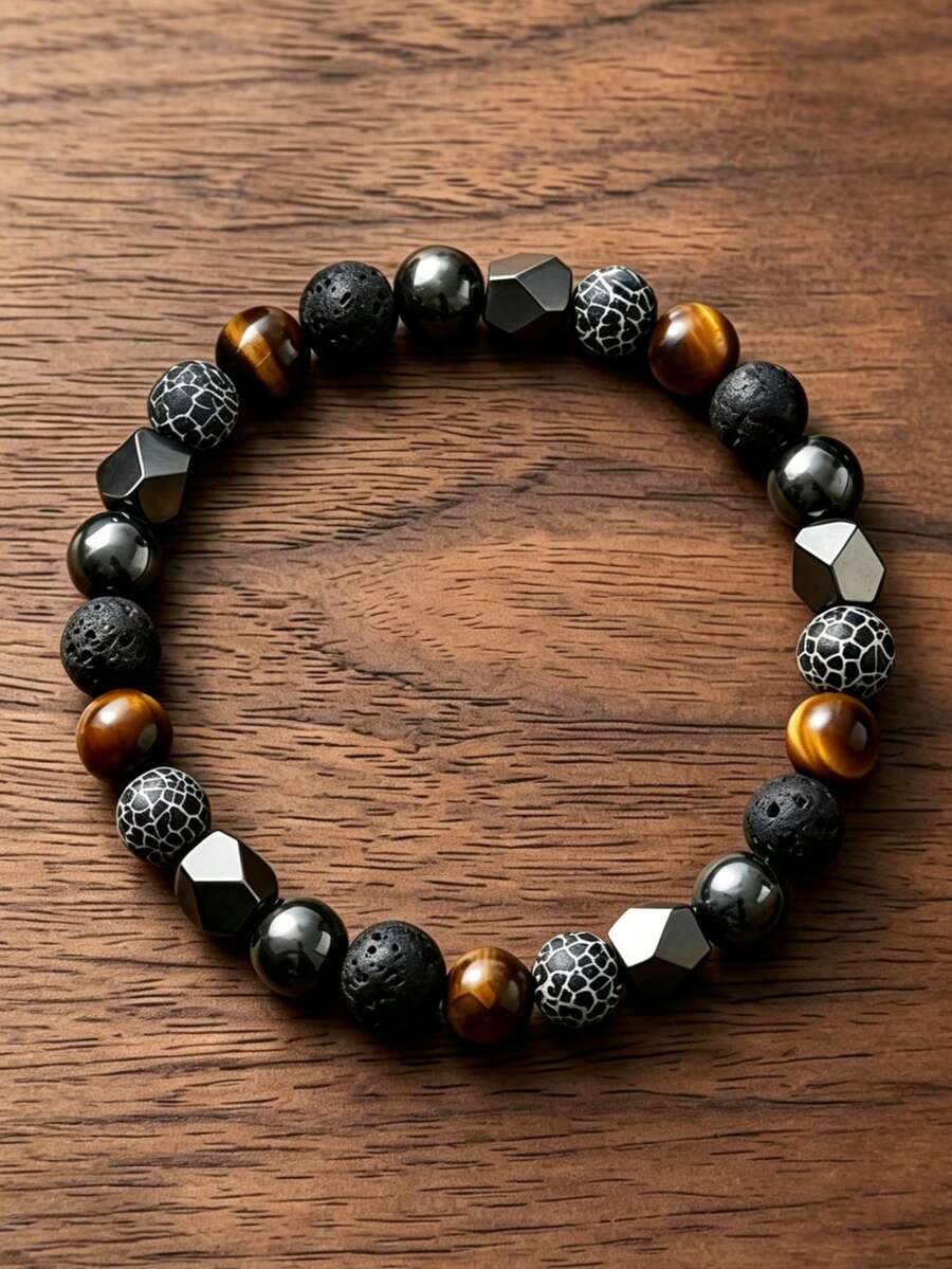 1pc Fashion Luck Hematite Tiger's Eye Men'S Bracelet Jewelry, Suitable For Daily Wear, Retro Fashion Accessory, Christmas Gift For Family And Friends - Multicolor - View 1