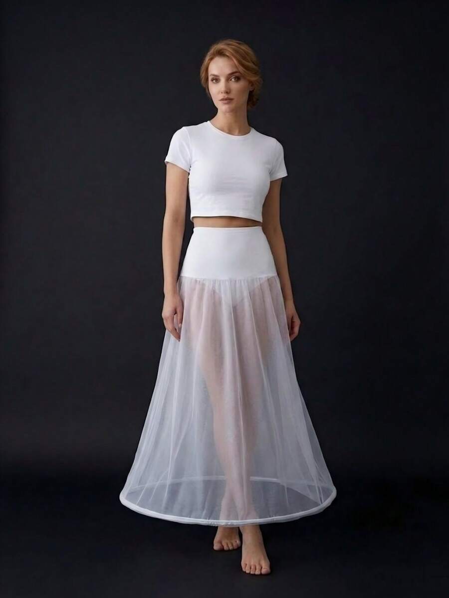 1pc Adult Steel Boned A-Line Elastic Waist Crinoline Petticoat Slip Underskirt For Wedding Dress, Prom, Party - White - View 1